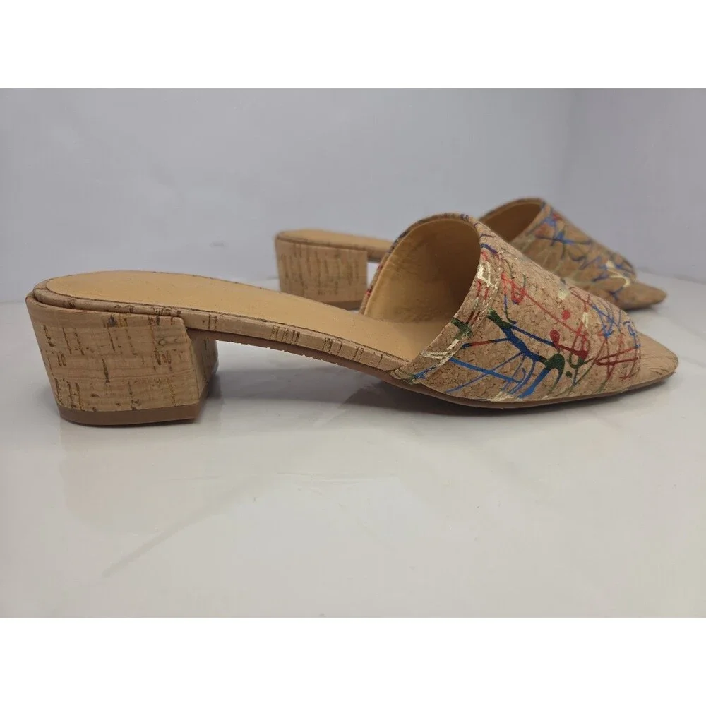 Chocolat Blu Cindy Cork Sandals Paint Splatter Graffiti Heeled Mules Sz 9 NWOB